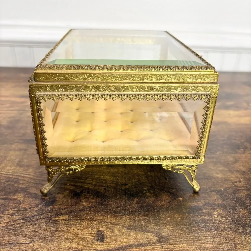 Vintage French Jewelry Box Footed Casket Ormulu Filigree Beveled Glass Regency
